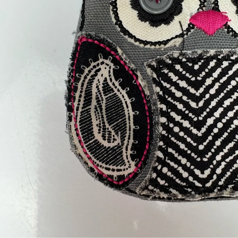 Thirty One Gifts gray, black, white and pink patchwork owl coin purse